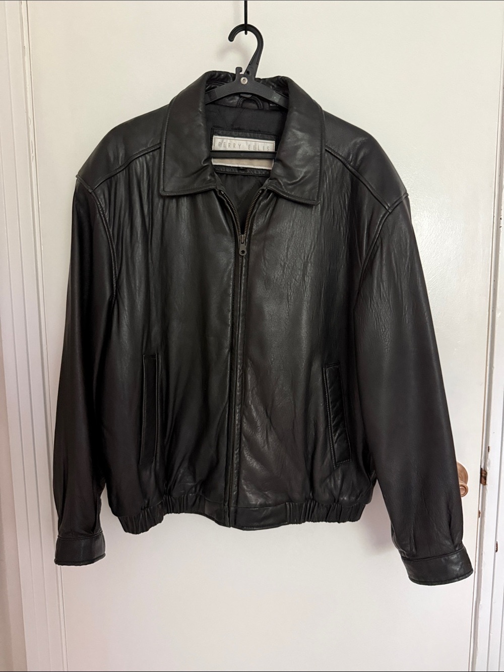 Men's Black Leather Bomber Jacket by Perry Ellis